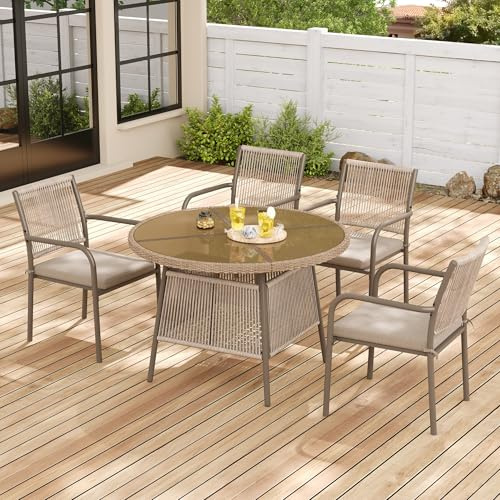 Merax Gartenmöbel-Set Esstisch Gartenmöbel Set aus Rattan, Fünfteiliges Set mit Runder Glastisch und 4 Armlehnstühlen, Eisengestell, Geeignet für Terrasse, Balkon, Garten - Braun