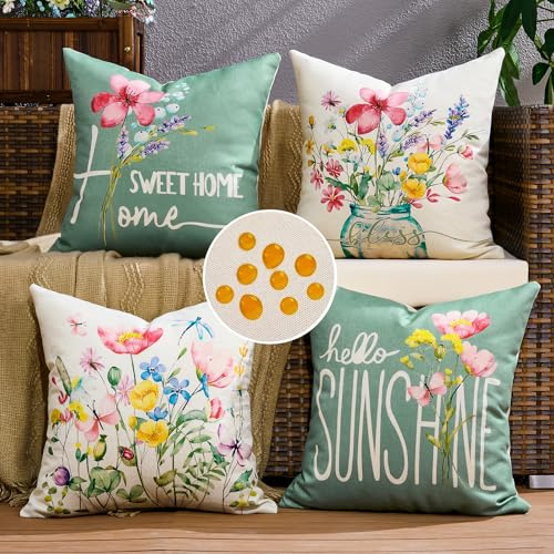 Outdoor Kissenbezug 4er Set Wasserdicht Kissen Wasserfest Dekorative Rosa Blumen Design Kissenbezüge Leinen-Optik Sofakissen Dekokissen für Garten Sofa Couch Wohnzimmer Schlafzimmer 45x45 cm