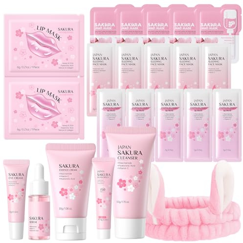 23 Pezzi Sakura Skin Care Set, per Ragazze e Donne | include Detergente, Siero, Maschera e Crema per Gli Occhi, Maschera per le Labbra, Mini Size da Viaggio Prodotti Skincare
