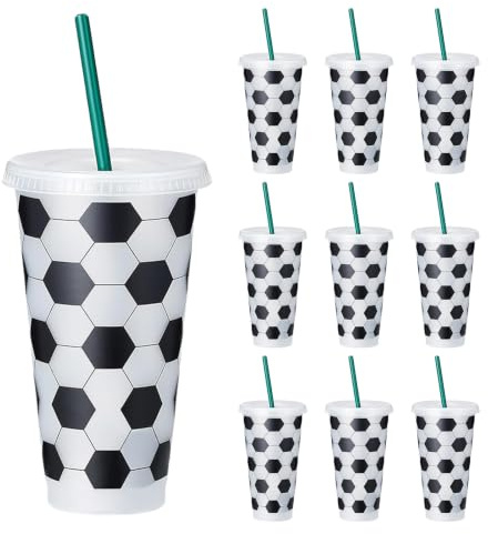 Zentriva Bicchieri di plastica con cannuccia, bicchieri per bevande fredde a forma di calcio, capacità 710 ml, riutilizzabili, per il giorno della partita, feste dei fan 10 pezzi