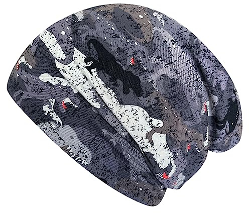 Wollhuhn Kinder Beanie – Zweilagige Longbeanie aus Jersey, wendbar & weich – innen grau – Handmade in Deutschland – ganzjährig (DE/NL/SE/PL, Numerisch, 52, 54, Dino Camouflage)