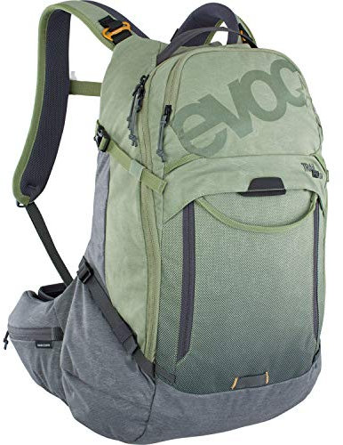 EVOC TRAIL PRO 26l Protektor Rucksack für Fahrradtouren, Backpack (LITESHIELD PLUS Rückenprotektor, leichter Fahrradrucksack, breite Hüftflossen, 3l Trinkblasenfach, Größe: S/M), Olive/Carbon Grau