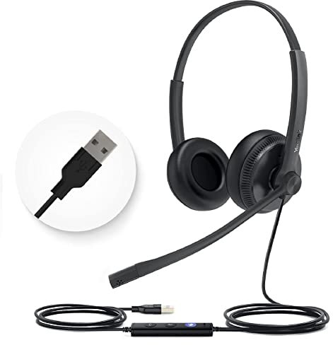 Yealink UH34 Headset Certified for Microsoft Teams USB-A Stereo Headsets with Microphone Noise Cancelling for Call Center Business Office VoIP Phone PC Laptop Computer Headset (Leather Ear Cushion)