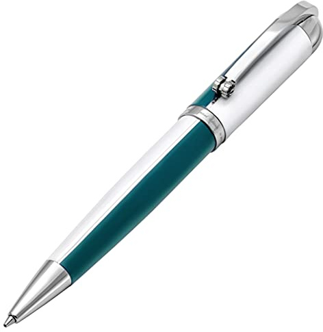 Xezo Visionary Medium Brass and Aluminum Ballpoint Pen, Hand Lacquered in Teal and White Color. Numbered in Limited Edition of 500. Classic Art Deco Color Disposition, Retrofuturistic Body Style