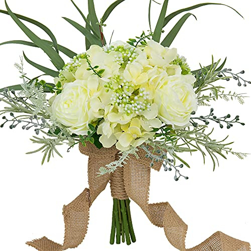 LESING Ramos de Boda de hortensias Artificiales, Ramo de Rosas Hechas a Mano, románticos, Ramos de Boda para Novia, Dama de Honor, con Flores, 12.5 Pulgadas (Ramo de hortensias Blancas)