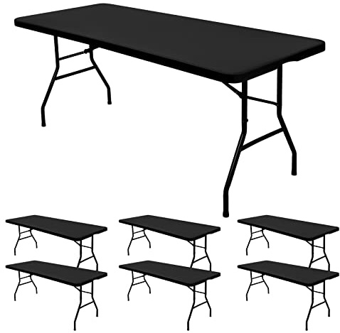 6 Pack Stretch Fabric Table Top Cap Cover, fits 6' Tables, Spandex Table Covers Washable Elastic Universal Rectangle Tablecloth Protector for Indoor Outdoor Party Picnic Wedding, Black, 30 W x 72 L