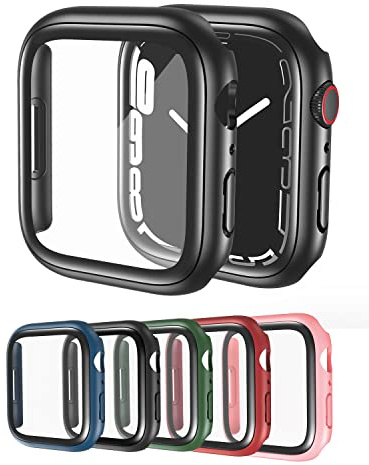 Black Hard Case with Tempered Glass Screen Protector, Transparent Case Ultra-Thin Shockproof Overall Protective Cover Compatible for Apple Watch Series 7, iWatch 3D Glasss Case, 2 Pack 45mm