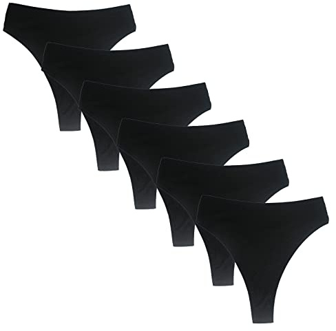 Deigecil Pack of 6 Thong Women's High Waisted Tummy Control Cotton Underwear Women, Soft Comfortable Sports Underwear Women, Black*6, XL