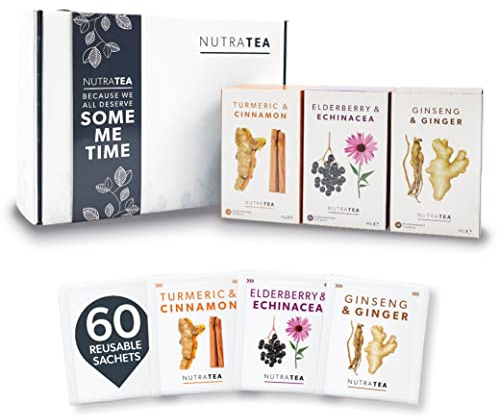 Nutra Tea - The Discovery Gift Box - Herbal Teas Perfect For Self Care & Mindfulness - Tea Gift Set For Birthdays, Get Well Soon, Thank You & Birthdays - Herbal Tea Gift Set - 60 Tea Bags | 3 Flavours