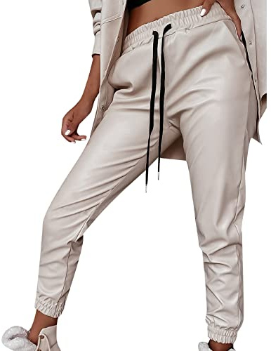 LOIJMK Pantaloni da donna Pantaloni casual in pelle PU Pantaloni in pelle sintetica Leggings in pelle monocromatici casual con tasche e coulisse regolabile Pantaloni da donna Temperamento Streetwear