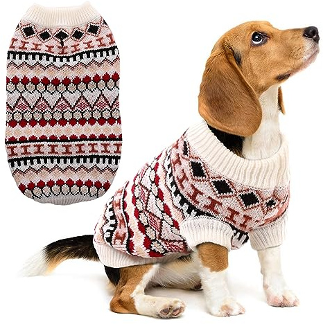 Hjumarayan Hundepullover mittelgroße Hunde – Boho Strickpullover warm & dick für kalte Wintertage | weich & elastisch | mit Geschirröffnung | leicht anzuziehen | Französische Bulldogge (Beige Rot L)