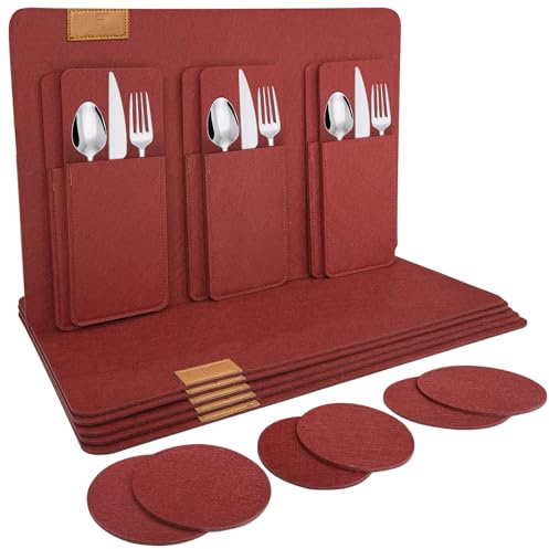 shinfly Tischsets Filz Platzsets Abwaschbar 18er Set, Rot 44x31cm | Abwischbare Platzdeckchen mit Untersetzern und Bestecktaschen, Hitzebeständig und Rutschfest für Küche und Esstisch