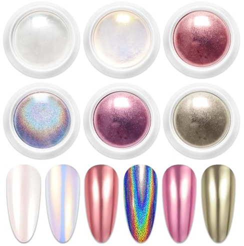 BISHENGYF 6 scatole di polvere per unghie cromate, oro rosa, champagne, argento, rosa, arcobaleno, effetto specchio, olografico, aurora, iridescente, perlescenti, per manicure e nail art