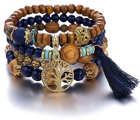 Cubahop pompon multicouche perle de bois empilable Bracelet coloré bracelets fantaisie arbre de vie élastique coloré accessoires pour femmes et filles (bleu)