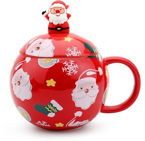 Weihnachtsbecher Keramik, 430ml Neuheit Weihnachtstasse Weihnachten Kaffeetasse mit Deckel und Löffel Süße tassen Weihnachten Becher Kaffee Teegläser Trinkgläser Kaffeeg (rot)