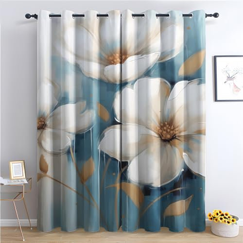 SZLYZM Vorhänge Blumen, Verdunkelungsvorhang 2er Set - Vorhang Blickdicht Weiß Muster, Thermovorhang für Deko Wohnzimmer Schlafzimmer Kinderzimmer, Gardinen mit Ösen 260x140 cm (HxB) (Q1-&200)