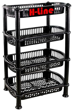 H-LINE 4 Tier Black Plastic Storage Shelf Shelves Basket Veg Fruit Rack Caddy Home Kitchen Bathroom Office