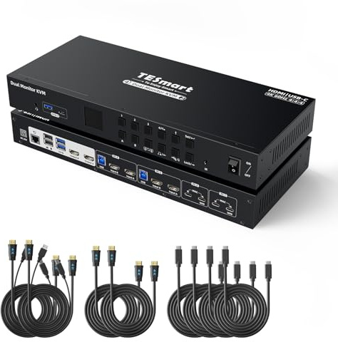 TESmart USB3.0 USB-C HDMI KVM Switch, for 2 Monitors 4 Computers, 4K@60Hz KVM Switch Dual Monitor, Support Gigabit Network and MST, EDID Emulators, Headset Port, Hotkey Switch,Button Switching