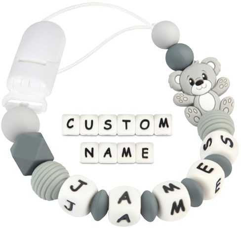 Kowlone Schnullerkette mit Namen Jungen mädchen Silikon Beißring Personalisiert Teddy Bär Schnuller Clips Halter(Grau)