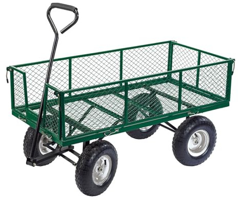 Heavy Duty 150KG Green Garden Trolley Mesh Cart With Folding Sides - Multi Use Hauling Utility Wagon for Gardening, Festivals, Camping With Pneumatic Tyres