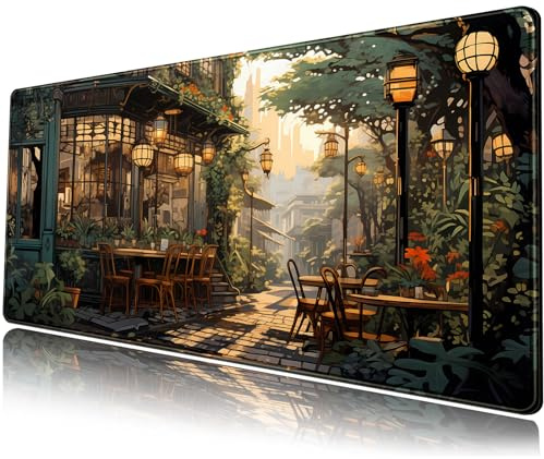 Nostalgic Peaceful Coffee Shop desk Mat Retro Art Large Gaming Mouse Pad Anime Mousepad Extended XL Green Plants Aesthetic desk Pad Laptop Keyboard Mouse Mat 31.5x11.8 Cute