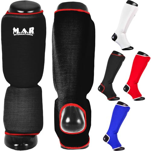 MAR | Pair of Shin Instep Guards Pads for Martial Arts Karate Kickboxing Muay Thai Elasticated Fabric Slip-On Shin Pads Training Shin Guard MMA Foot Protector Training Leg Guards BJJ Taekwondo