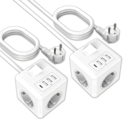 ANTELA Mehrfachsteckdose Würfel USB mit Schalter 16A, 2PCs | 3fach Steckdosenwürfel Mehrfachstecker mit 3 USB und 1 Typ-C, Verlängerungskabel 1,5m, Für Büro