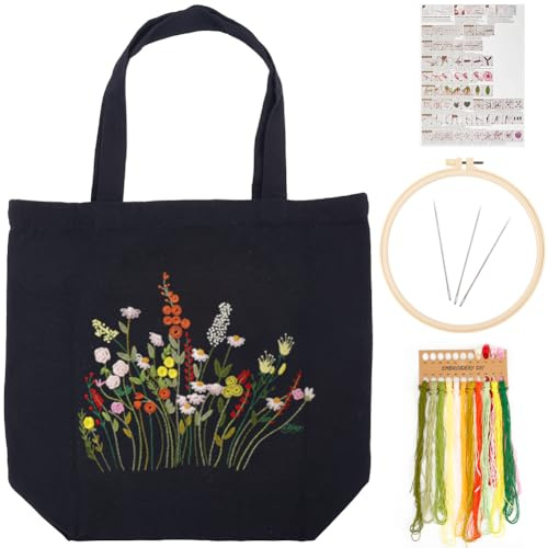 GORGECRAFT Stickset Für Tragetasche Aus Segeltuch Schwarze Tasche Blumen Und Grasmuster Kreuzstichset Für Anfänger DIY Kunsthandwerk Praktisches Nähset Starterzubehör Mit Bedruckten Nadeln Rahmen