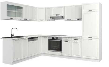 Vicco Eckküche R-Line, Weiß Landhaus/Weiß, 287 x 227 cm | 12 Module · Höhenverstellbare Füße · AP Marmor inkl. · MDF-Fronten · Mit Kühlschrankumbauschrank · Frei kombinierbar