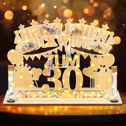 Hzdyopk Geldgeschenke Geburtstag, 30 Geburtstag Geschenk mit LED Lichterkette, Geschenk zum 30 Geburtstag für Mann Frau, Holz-Schild Gästebuch Kreatives 30. Geldgeschenke Dekoration