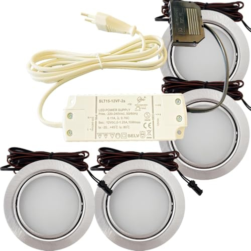 Lichtfaktor24 4er Set Möbel Einbauleuchten Edelstahl Gebürstet Superflach 3W Warmweiß 3000K 180lm 12V Mit 15W LED Trafo 230V Zuleitung. Spots für Wohnzimmer, Küche oder Bad