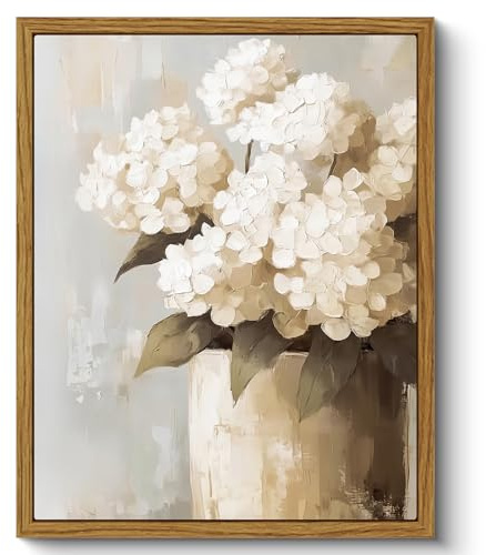 ARPEOTCY Lienzo enmarcado vintage para pared, decoración de pared de hortensias blancas retro, pintura floral de granja para sala de estar, baño, dormitorio estético (8 x 10 pulgadas)