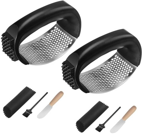 Ywmoml 2 Pack Knoblauchpresse Rocker Set - Innovativer Edelstahl Knoblauchwolf und Zerkleinerer mit 2 Schälern, 2 Schabern und 2 Bürsten für mühelose Knoblauchzubereitung | Komplettes