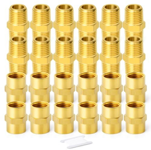 GASHER 24PCS Brass Pipe Fitting, Hex Nipple Brass Hex Coupler, 1/4 x 1/4 NPT Male Thread Pipe, 1/4Inch x 1/4Inch NPT Female Thread Pipe