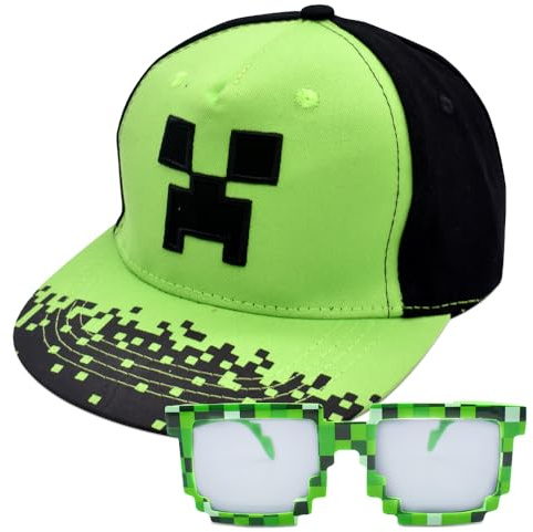 JXBBAAC Miinnecraft Casquette de Baseball, 2 PCS Ensemble Casquette et Lunettes de Soleil Casquette de Baseball de Dessin Animé Chapeau de Soleil Réglable Ensemble de Protection Solaire pour Enfants