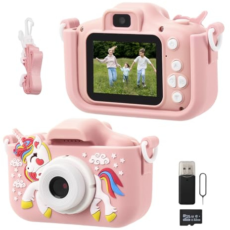 Warmiehomy Unicorn Kids Camera, 2.0 Inch HD Screen Children’s Camera with 32GB Card & Reader, Pink Educational Toy & Birthday Gift for Girls Ages 3-12
