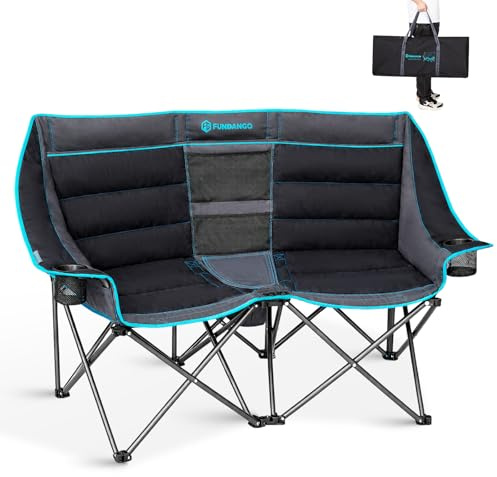 FUNDANGO Extra Breiter Doppel-Campingstuhl mit Kühltasche, 2-Personen Klappsessel gepolstert & belastbar bis 300kg, 2-Sitzer Gartensofa mit Getränkehaltern für Camping & Outdoor