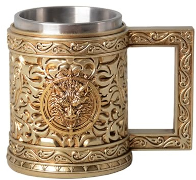HAUCOZE ölkrus stenmuggar med rostfritt stål kopp ölmugg ölrep med handtag öl sten mugg för män Oktoberfest pappa gåva, varghuvud design 450 ml
