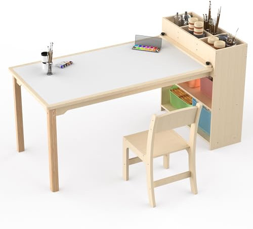 Puecrof Kinderschreibtisch mit Stuhl aus Birkenholz – Kreativtisch mit Stauraum für Kinder zum Malen, Basteln und Spielen