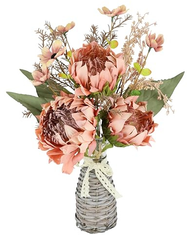 Kunstblumenstrauß Protea Strauß in Vase 45cm Artischocken Distel Blumensträuße Seidenblume Kunstblume Dekoblume Bouquet Hochzeit Herbstdeko Herbstblume Mittelstück Tischdeko wie echt, Mauve