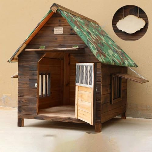 Hundehütte aus Holz mit aufklappbarem Dach und überdachter Veranda, wetterfeste Hundehütte für den Außenbereich, natürliche Holzkonstruktion mit 1 Tür und 2 Fenstern