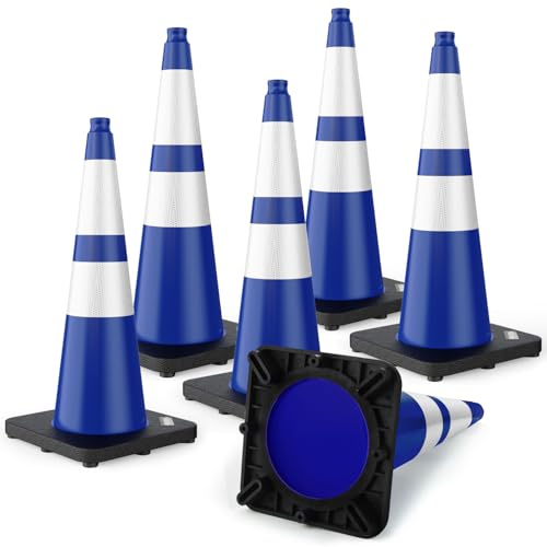 BATTIFE Traffic Cones with Black Weighted Base, PVC Safety Cones for Traffic Control, Construction Events, Driveways, and Parking Lots (28 Inch, Blue, 6 Pack)