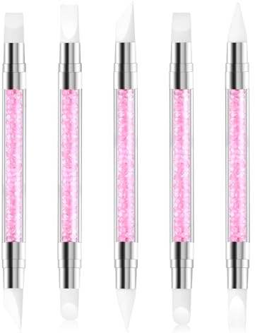 5 Pcs Silicone Nail Art Brushes, Dual Tipped Silicone Nail Tools, Rhinestone Nail Polish Carving Pen, Head Acrylic Handle Nail Art Sculpture Pen, Nail Art Tools for Home Salon (Pink)