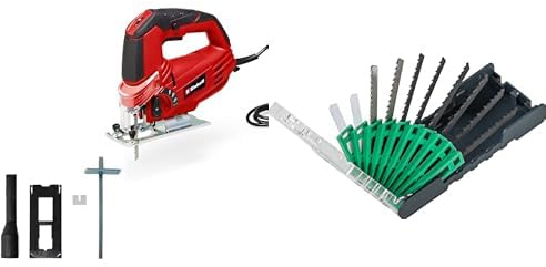 Einhell Sierra de calar TC-JS 85 (620 W, máx. 85 mm, corte en ángulo de 45°, regulación de la carrera, carrera pendular de 4 etapas, adaptador de aspiración, tope paralelo + Juego de 10 hojas de calar