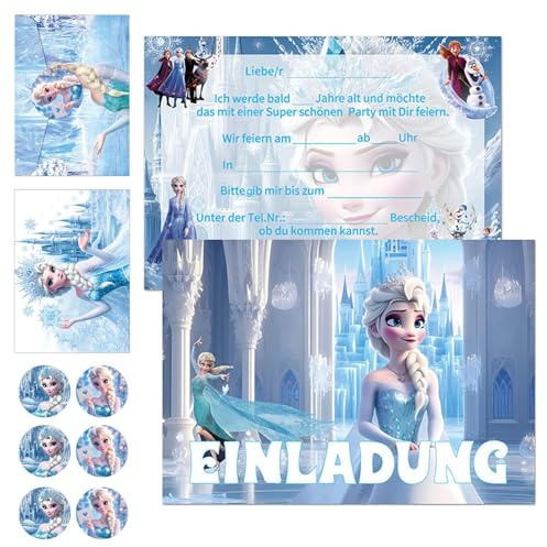 COQOYO Einladungskarten Kindergeburtstag, 12 Stück Geburtstag Party Einladungen auf Deutsch, Eiskönigin Eisa Prinzessin Einladung Set mit Bunten Umschlägen und Runden Aufklebern für Mädchen