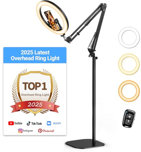 Evershop Upgrade Ring Light with Tripod Stand & Phone Holder Overhead Phone Camera Mount, 10” Flexible Phone Tripod with Light, 70.8” 360° Rotatable Halo Light Ring for Video,Photo,Painting,CRI>95