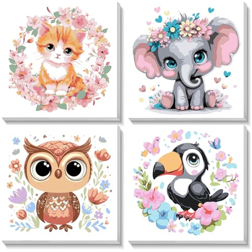 NEWENMO 4 Piezas Animales Pintar por Numeros Kit,Pintura por Numeros con Marco,Patrón de Gatito Elefante Búho Tucán,DIY Paint by Numbers para Decoración Hogar 20x20cm