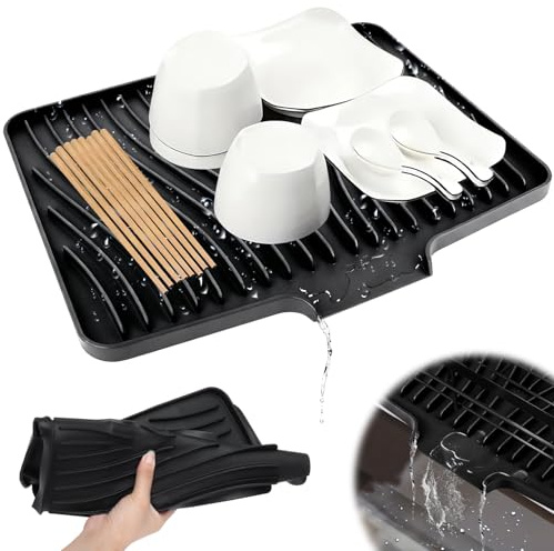 KOVSGQ Tapis Egouttoir Vaisselle Silicone Tapis De Sechage Vaisselle Silicone Tapis Egouttoir Vaisselle 40x30cm Résistant à La Chaleur Antidérapant Pour Plan De Travail Évier Et Égouttoir (Noir)