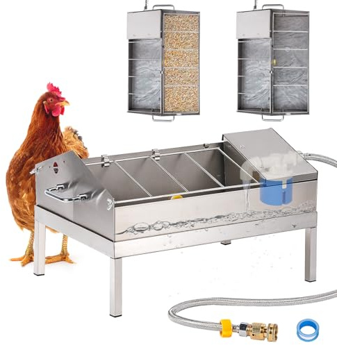 CBKKLHY 2 in 1 Automatischer Hühnertränker und Futterspender, Edelstahl Huhn Wasserspender mit Schwimmerventil, automatische Befüllung Geflügel Wasserspender Geflügel Bewässerung Systerm für Ente