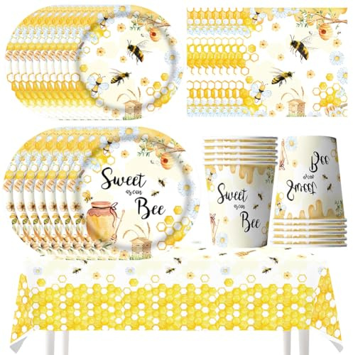 Bee Party Tableware Set, Bee Party Supplies, Plates, Cups, Tissues, Tablecloths,Floral Birthday Party Supplies-10 position